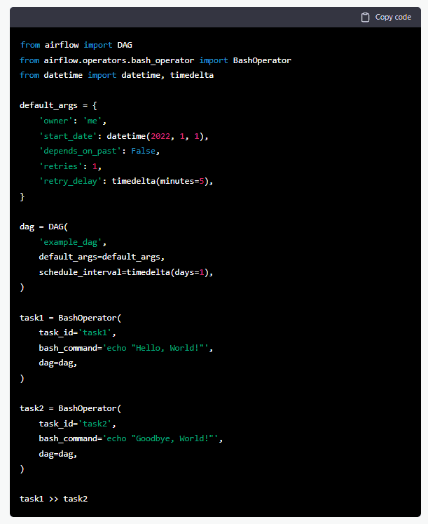 Example of a simple Airflow DAG defined in Python with two tasks