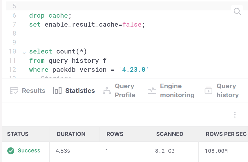 Query results with sketch-based row pruning enabled